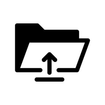 A filled graphic of an open folder with an up arrow for file upload. vector