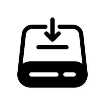 A solid icon of a network server rack with a down arrow for data retrieval download. vector