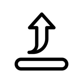 A simple line icon of an arrow leaving a flat base or platform for a quick upload. vector