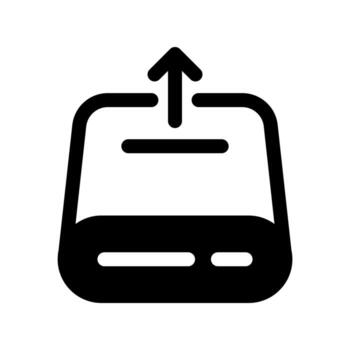 A simple filled icon of a network server rack with an up arrow for data transfer upload. vector