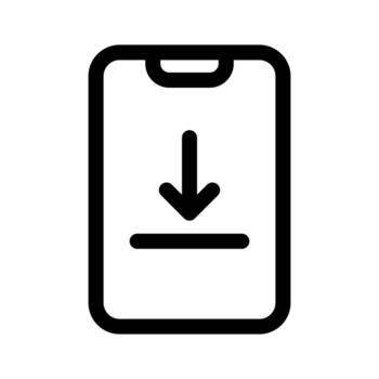 A linear graphic of a mobile phone with a down arrow for app download. vector