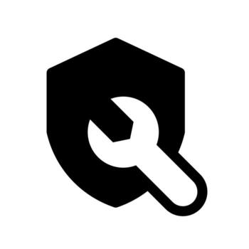 A solid graphic of a security shield and a wrench, indicating system shield repair or protection fixing. vector