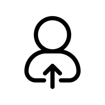 A linear graphic of a person silhouette with an up arrow for profile or file upload. vector