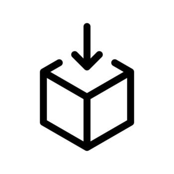 un contorno icono de un envuelto paquete caja con un abajo flecha para software descargar. vector