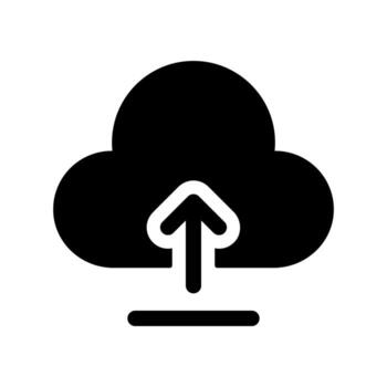 A filled graphic of a cloud with an outgoing arrow, symbolizing data cloud send or sharing. vector