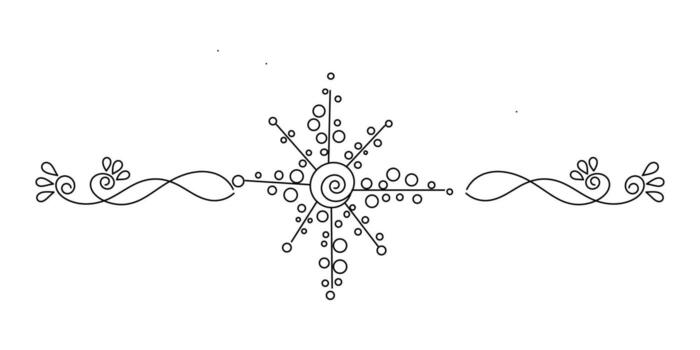 decorative black line art divider with a circular spiral surrounded by radiating lines adorned with small and large dots, forming a starburst-like pattern. Curved vine elements vector