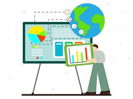 Management of natural energy resources in world concept . A man holding screen of line graphs with data distribution of renewable energy on presentation board. vector