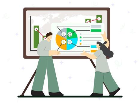Management of renewable energy concept. A man and woman holding screen distribution of using sustainbility resources on pie charts and graphs. vector