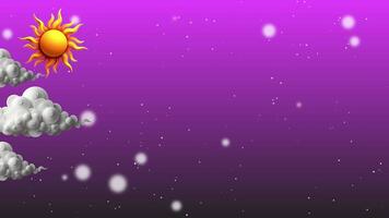 estilizado Dom y nubes animación en degradado púrpura cielo con reluciente bokeh luces lazo fondo,etéreo púrpura cielo antecedentes con estilizado sol, hinchado blanco nubes, y brillante ligero partículas video