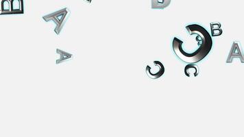 dynamisk 3d krom brev en, b, c, d faller och roterande med en blå glöd på en rena vit bakgrund. sömlös abstrakt pedagogisk och modern typografi loop.slank 3d metallisk alfabet brev med video