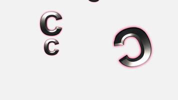 dynamisk 3d krom brev c faller animering med rosa neon glöd på vit bakgrund, elegant metallisk 'c' former med vibrerande rosa neon glöd på vit bakgrund abstrakt 3d framställa för modern teknolo video