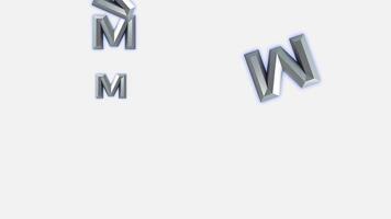 dynamique 3d métallique m et w des lettres chute et dissoudre sur blanc Contexte sans couture boucle, dynamique 3d argent m des lettres avec lumineux bleu lueur sur blanc Contexte - abstrait métallique typographie desi video