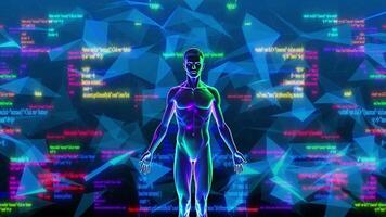 olografico umano corpo con programmazione codice Rete. ai, biotecnologia, digitale Salute dati integrazione. futuristico scienza, cibernetica medico tecnologia concetto.umano-ai integrazione futuristico digitale video