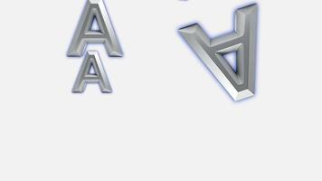 dynamisk 3d metallisk brev en animering med blå glöd på vit bakgrund abstrakt alfabet typografi loop, 3d metallisk silver- brev en och v med blå neon glöd på vit bakgrund abstrakt modern video