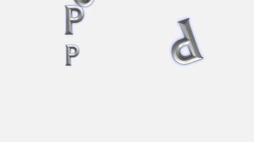 animerad 3d silver- brev p och d faller med blå glöd på vit bakgrund digital typografi loop.dynamic 3d metallisk silver- brev 'p' och 'p' med neon blå glöd spridd på vit bakgrund video