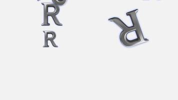3d plata letra r que cae animación con azul resplandor en blanco antecedentes sin costura bucle,3d plata letra r modelo con azul resplandor en blanco antecedentes - moderno alfabeto tipografía diseño video