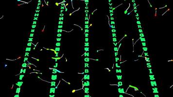 dynamisch digitaal regendynamiek digitaal Matrix vallend groen brieven en gloeiend licht trails Aan zwart achtergrond, abstract gegevens stroom voor ai, technologie, en cyberveiligheid concepten groen Matrix code fa video