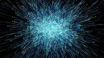 abstract digitaal starburst gloeiend blauw en groen deeltje stralen exploderend van centrum Aan zwart achtergrond, abstract digitaal netwerk barsten met energiek licht trails video