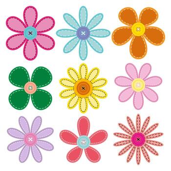 conjunto de flores con puntadas y flor apliques estilo botón vector