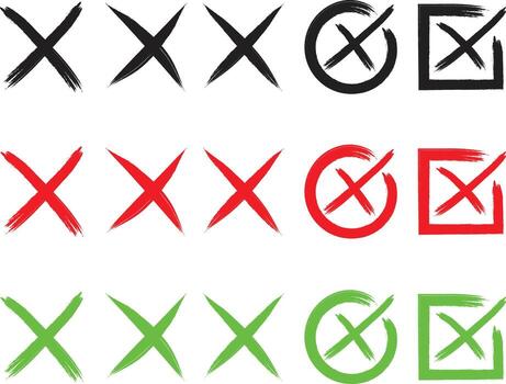 Set of 15 cross button icons, Red Green Black circle square collection, wrong incorrect cancel reject no wrong vector