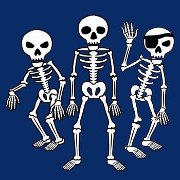 Funny skeleton characters waving and dancing on dark background vector