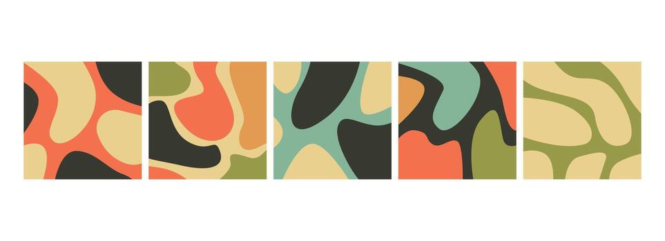 Abstract Geometric Pattern in Modern Illustration. Five panels display organic shapes with a harmonious mix of orange, green, and brown hues. vector