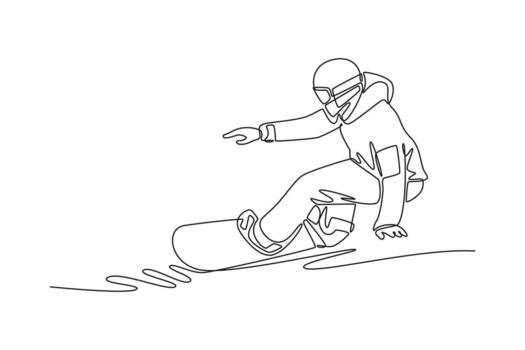 Single one line drawing person wearing goggles and hoodie is snowboarding, carving deep, low turn with one hand reaching out, dynamic balance. Continuous line draw design graphic illustration vector