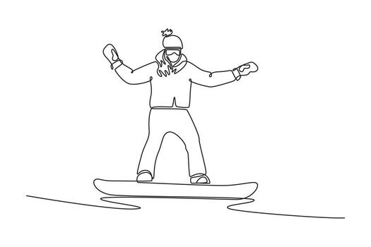 Single continuous line drawing young girl wearing beanie and goggles is snowboarding in low, wide stance with arms spread for balance. Dynamic motion. One line draw graphic design illustration vector