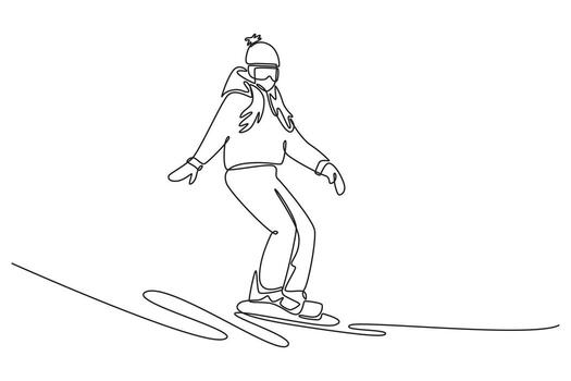 Single continuous line drawing person wearing a beanie and goggles is snowboarding down slope in stable, low stance with arms out for balance. Dynamic one line draw graphic design illustration vector