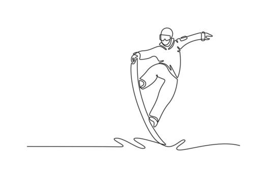 Single one line drawing snowboarder carving a sharp turn or executing a grab trick, dynamic balance and fluid motion of the winter sport. Modern continuous line draw design graphic illustration vector