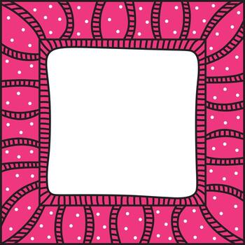 Decorative pink mosaic frame. Wavy square shape frame. Black lines. Empty space for text or picture. White dots. vector