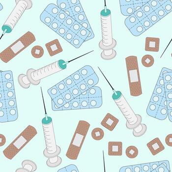 Medicine items, objects seamless pattern, background. Cute simple cartoon icons. Pills, syringe and patch, plaster illustrations vector