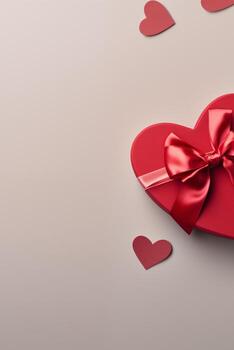 Festive box in the shape of a heart with a bow. Banner with place for text, copy space for Valentine's day, mother's day and date. Romantic vertical banner with copyspace photo