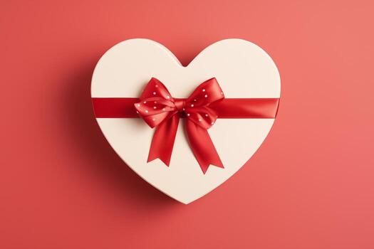 Festive box in the shape of a heart with a bow on a red table. Banner with place for text, copy space for Valentine's day, mother's day and date. Romantic background with copy space photo