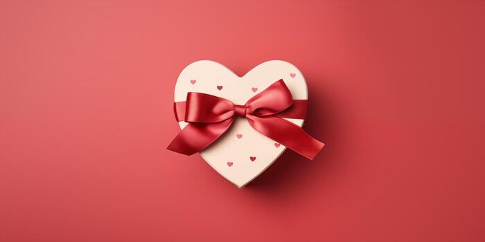 Festive white box in the shape of a heart with a bow on a red table. Banner with place for text, copy space for Valentine's day, mother's day and date. Romantic background for lovers photo