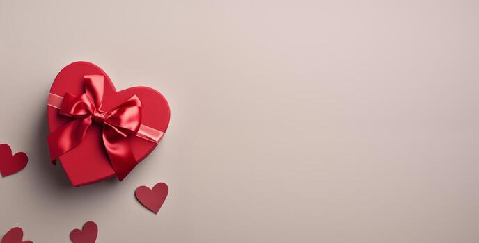Festive box in the shape of a heart with a bow. Banner with place for text, copy space for Valentine's day, mother's day and date. Romantic background with space for text. photo