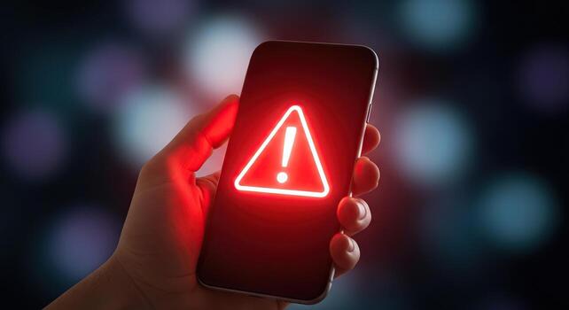Hand holding smartphone displaying warning symbol photo