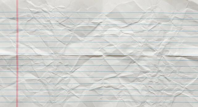 Crinkled lined paper with red margin, crumpled and aged texture photo