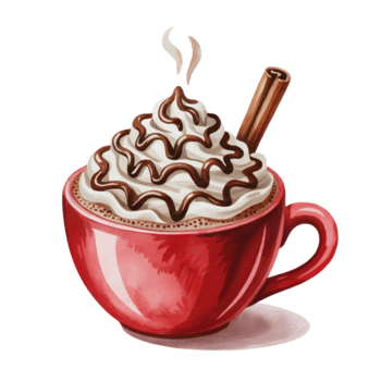 ein dämpfen Tasse von heiß Kakao ist abgebildet mit ausgepeitscht Sahne auf oben und ein Zimt Stock. png