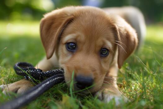 A puppy is chewing on a leash in the grass photo