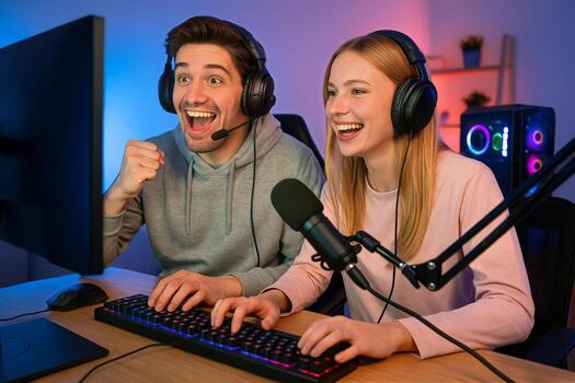 A man and woman are laughing while playing games photo