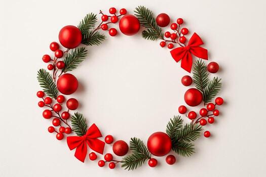 Christmas wreath with red berries and bows on white background photo