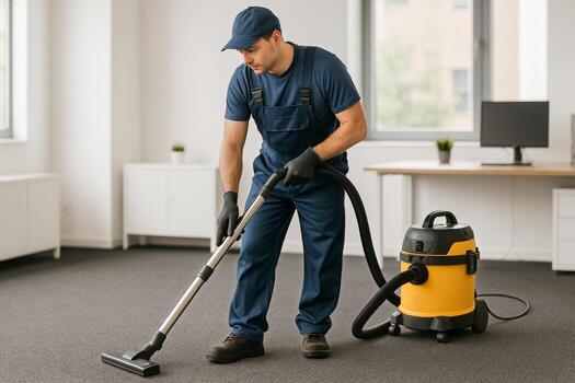 A man in overalls and hat using a vacuum cleaner photo