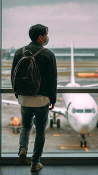 A man in a backpack is looking out a window at an airplane photo