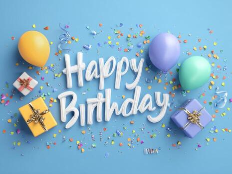 Happy birthday text with balloons and confetti on blue background 3d render stock photo