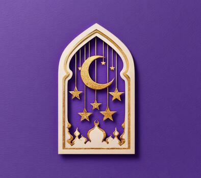 A paper cut of a crescent and stars in a window photo