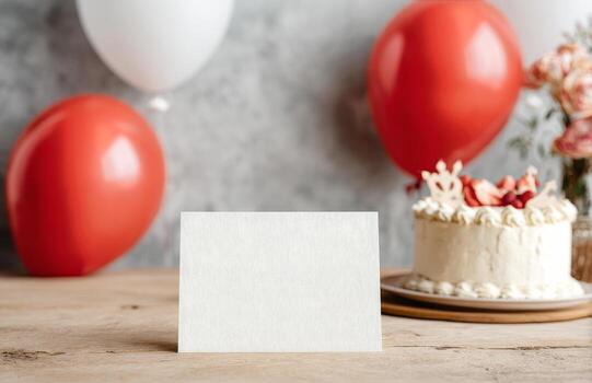 Blank card with red balloons and cake on wooden table photo
