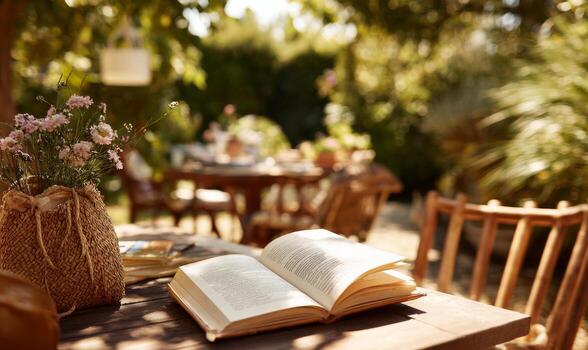 A book on a table in a garden photo