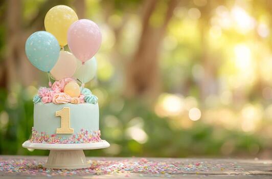 A cake with balloons and a number one on top photo