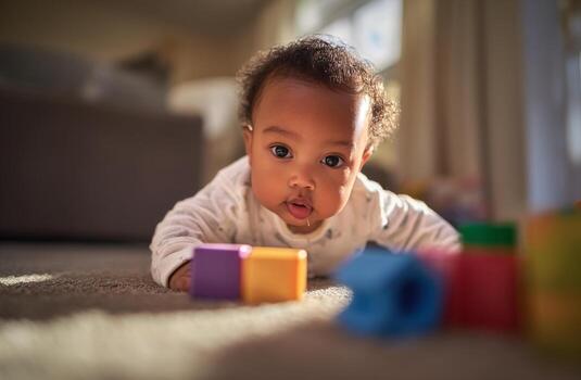 A baby crawling on the floor with colorful blocks photo